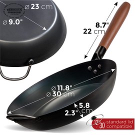 YOSUKATA 11.8" Carbon Steel Frying Pan – Non-Toxic Pre-Seasoned Skillet with Removable Wooden Handle – Coating-Free Wok-Style Pan for Gas, Induction, Electric, Oven & Grill BBQ