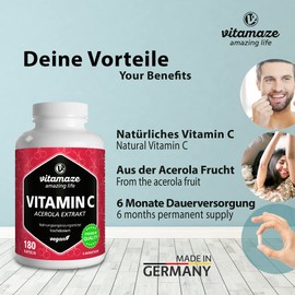 Vitamin C High Dose 160 mg Natural from 660 mg Acerola Extract, Vegan & Optimal Bioavailable, 180 Capsules for 6 Months, Dietary Supplement without Additives, Made in Germany