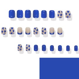 Blue Heart Press on Nails for Valentine’s Day Short Square Fake Nails with Blue French tips Design Glossy Reusable False Nails Valentines Nails for Women Girls Manicure 24pcs