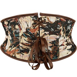 SHYMMUO Women Brown Underbust Corset Belt Vintage Tapestry Floral Waist Cincher for Renaissance Steampunk Pirate Costume L