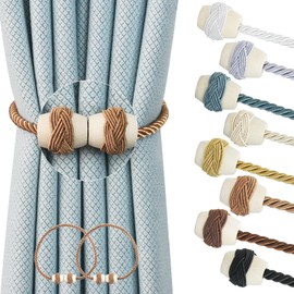 Hangtty Curtain Tiebacks Magnetic Rope Tie Backs Handmade Curtains Holders for Drapes Outdoor Decorative Window Holdbacks, Khaki 2Pack