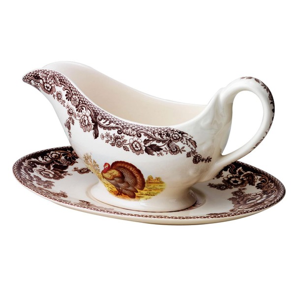 Spode Woodland 11 Oz Sauce Boat and Stand | Porcelain Gravy Boat with Turkey Motif | Perfect for Gravy or Sauces at Thanksgiving | Microwave and Dishwasher Safe