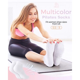 Breathffy 8 Pairs Non Slip Pilates Socks with Grips for Women Bulk Yoga Anti Skid Athletic Socks for Barre Ballet Hospital (White)