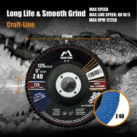 Merryland Flap Disc 5 inch Metal for Angle Grinder, 5inch 40 Grit T29 Flap Wheel 20 Pack, Blue Zirconium Corundum INOX Stainless Steel Iron Universal, Craft-Line FC1108214-20