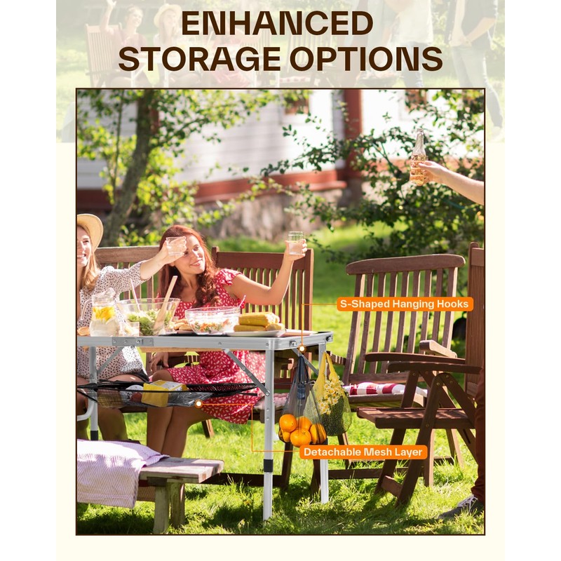 Sportneer Folding Table: Adjustable Height Camping Essentials 35.4" L x