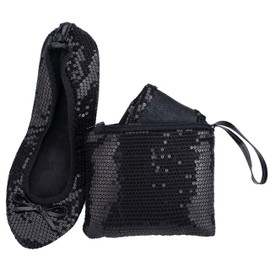 Rolly Flats Women's Portable Foldable Ballet Flats Shoes Roll Up Slippers for Travel with Expandable Tote Bag(M, Black Sequin)