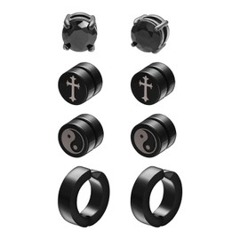 Airokiy 4 Pair Magnetic Earrings, Black Stainless Steel Magnetic Earrings Cubic Zirconia Magnetic Fake Stud Earrings for Men, Hypoallergenic, Stainless Steel, Cubic Zirconia