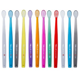 TELLO 6240 Adult Ultra Soft Toothbrush for Gentle Cleaning with Ergonomic Handle, Made in Switzerland, Colors Vary, 12-Pack