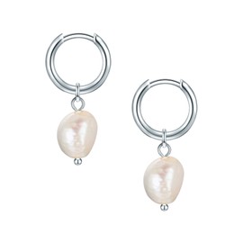 Eastside Women's Earrings Stainless Steel with Baroque Freshwater Cultured Pearl Approx. 9.5 mm Stainless Steel Hoop Earrings Silver, Stainless Steel