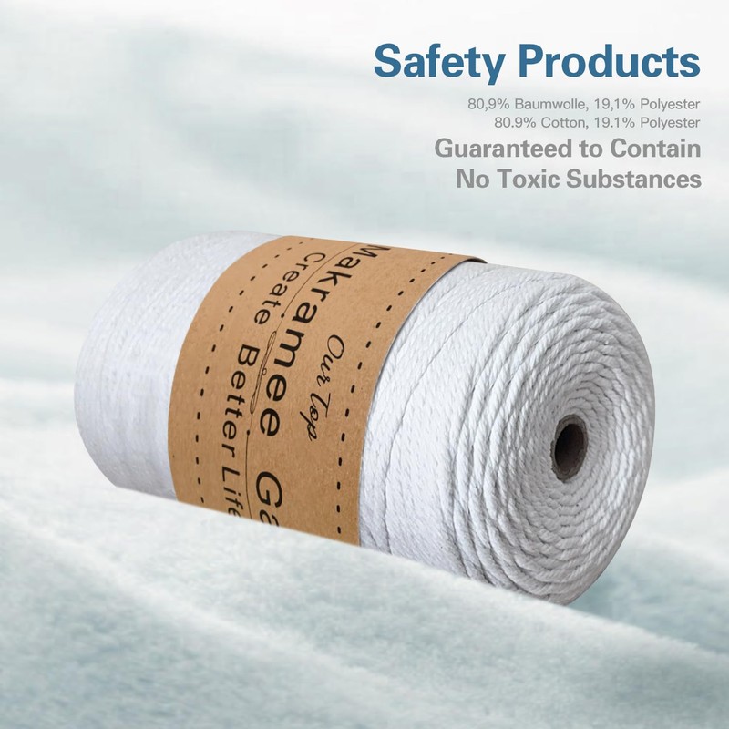 OurTop Premium Macrame Yarn, White, 3 mm x 300 m