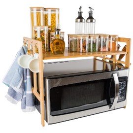 BAMBOO LAND Bamboo Microwave Oven Rack with Hooks and Built-In Knife Holder, Countertop Microwave Shelf