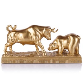 orenm Bull and Bear Statue for Desk, Wall Street Finance Sculpture, Resin Stock Market Decor, Financial Advisor Office Trading Desk Gift for Investors and Traders (Gold)