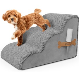 PAWZY Foam Pet Stairs for Bed, Couch or Window PREFIXED COVER - Wide Dog Steps for Bed, Waterproof, Non-Slip Base - 3-Tier Dog Ramp Dog Stairs for Small Dogs, Puppies, Cats - Dog Stairs & Steps (Grey)