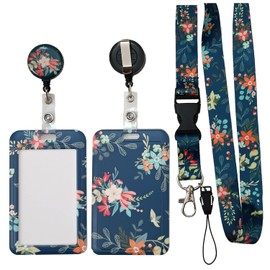 Badge Holder with Detachable Neck Lanyard Reel Clip, Retractable Vertical ID Card Holder Keychain Name Badge with Belt Clip, Work Office Nurse Medical Student Teacher Women Men Gifts (Blue Flower)