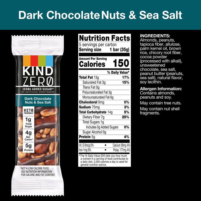 KIND ZERO Added Sugar Bars, Dark Chocolate Nuts and Sea