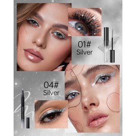Glitter Mascara and Eyeliner Set, Diamond Sparkle Effect, Lengthening Volumizing Shimmer Colored Mascara for Eyelash, Waterproof Metallic Glitter Eyeliner Liquid, Women Cosplay Party Eye Makeup-Silver