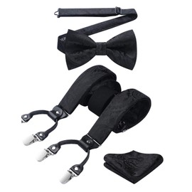 HISDERN Men's Braces 3.5 cm with 6 Extra Strong Clips in Y-Shape Elastic Length Adjustable 130 cm Bow Tie and Braces Set of 3 for Men, Black Paisley