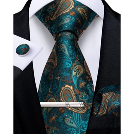 DiBanGu Mens Paisley Tie Formal Silk Tie & Pocket Square Cufflinks Tie Clip for Wedding Party Prom, turquoise paisley