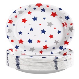 Grencian 50Pcs 4th of July Oval Paper Plates 10" x 12" Patriotic Red White and Blue Star Plate American Flag Plates Tableware Sets for Independence Day National Day Memorial Day Party Decoration