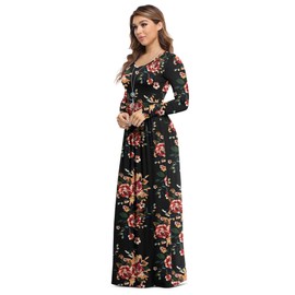 VIISHOW Women's Long Sleeve Floral Dress Loose Plain Maxi Dresses Casual Long Dresses with Pockets(Brown Floral Black,Large)