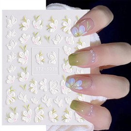 2 Sheets 5D Embossed White Flowers Nail Stickers Decals Fresh Floral Self-Adhesive Flower Nail Decals Engraved Nail Sticker for Women Girls Manicure Nail Decoration