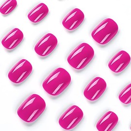 24Pcs Square Press on Nails Short Fake Nails Hjkdsfd Rose Pink False Nails Acrylic Artificial Glossy Design Full Cover Glue on Nail Stick on Nails for Women Girls Manicure Art Decorations