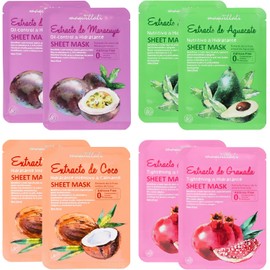 Kit de 8 Mascarillas Faciales Sheet Tela, Extracto Natural de Fruta Aguacate Granada Coco y Maracuya, Aditivos Free, Skin Care Mascarilla Facial Hidratar, Calmar y Oil Control (Pack 8)