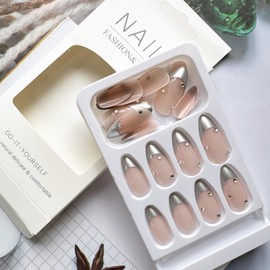 French Tip Press on Nails Medium Fake Nails Silver False Nails Almond Shape Acrylic Nails with Rhinestone Design Full Cover Artificial Nails Luxury Glossy Glue on Nails Cute Stick on Nails for Women