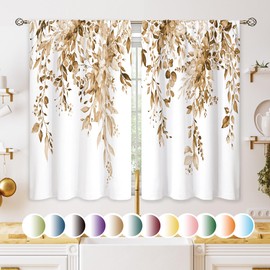 Oolygoo Eucalyptus Botanical Leaves Floral Kitchen Window Curtains over Sink Farmhouse Flower Leaf Small Window Treatment Tan Floral Cafe Short Curtains for Bathroom Treatment Tier Drapes 27.5x39 inch