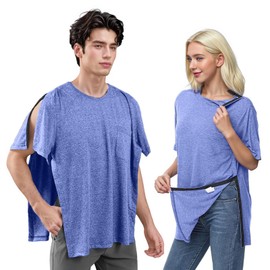 Aylashine Unisex Side Snap Post Shoulder Surgery Shirts ，Tear Away Short Sleeve ，Full Open Adaptive Chemo Clothing Gray Blue (L)