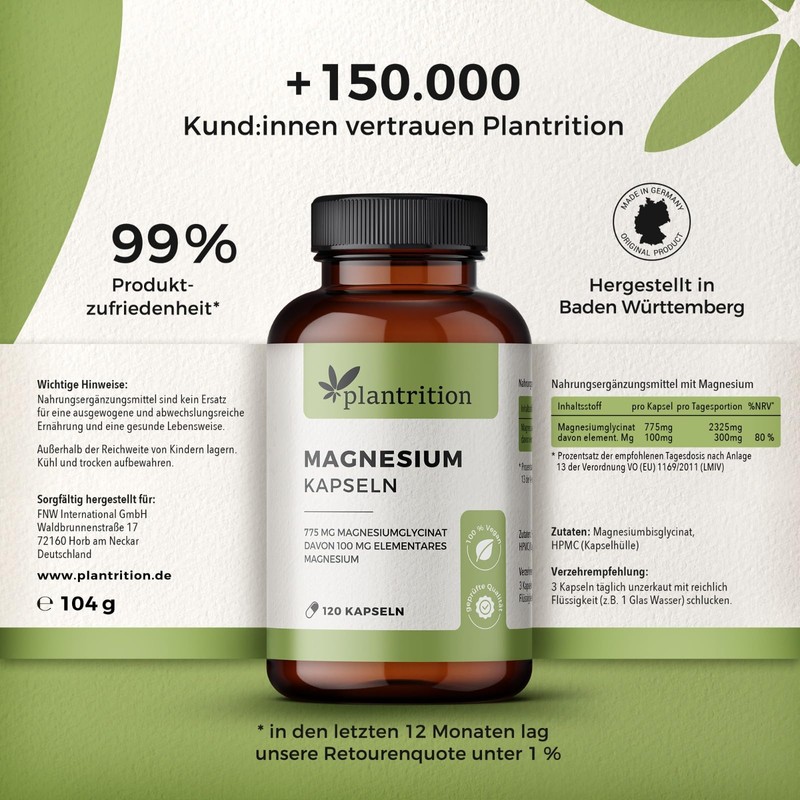 plantrition Magnesium capsules 100 mg elemental Magnesium glycinate per capsule