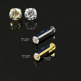 AZARIO LONDON 14K Solid White Gold 16 Guage Hollow Internal Lip Labret with 3MM Clear CZ Stone Tragus Bar Piercing