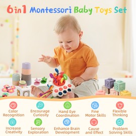 Christmas Stocking Stuffers 6 in 1 Montessori Toys for Babies 6-12 Months, Infant Sensory Pull String Toy, Fidget Spinners Soft Baby Blocks & Stacking Cups for Toddlers 1-3, Baby Gifts for 1 Year Old
