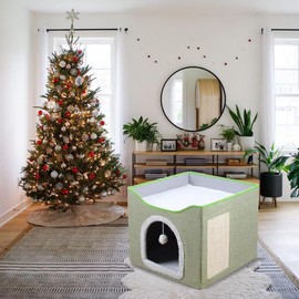 Foldable Cat House for Indoor Cats - Green Pet Hideaway with Soft Cushion, 15.35x15.35x14.96 inches(Green