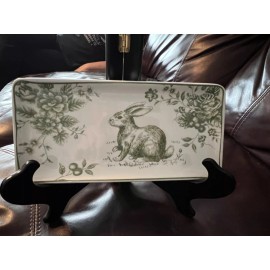 Maxcera New Maxcera Toile Bunny Green Rabbit Easter Tray 10 3/4 x 5”