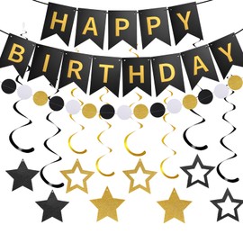 WD&CD Happy Birthday Decoration Banners for Party, 2 Meters Decoration Bunting Banners for Birthday Party, Window and Children's Room Decorations(Black&Gold)