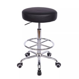 VECELO Round Rolling Stool with Footrest & Wheels Height Adjustable Swivel Chair - Black