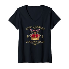 Womens KING CHARLES III, ROYAL CORONATION 2023, BRITISH BUNTING V-Neck T-Shirt