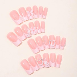 SINSEN Square Press on Nails Medium Long Fake Nails Full Cover False Nails Design with Charms 3D Heart Flower Bow Press on Nails Art Decorations Kit, 24Pcs