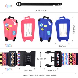 Hivia Suitcase Straps Set of 4 Suitcase Straps with Lock + 4 Pieces Suitcase Sign, Suitcase Tag Air Travel Luggage Strap Cross Strap Suitcase Straps Eye-catching Circle + Iridescent Colours