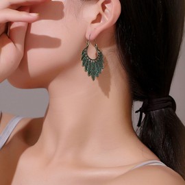 Cimenexe Bohemian Green Feather Circle Earrings Green Leaf Hoop Dangle Earrings Exaggerate Tribal Leaf Circle Earrings Punk Feather Circle Hoop Earrings Jewellery for Women and Girls Gifts, Zinc, No