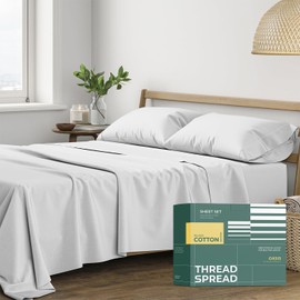 THREAD SPREAD 100% Organic Cotton Sheets Full Size - 4 PC Organic Cotton Full Size Percale Weave Sheet Set, Soft, Cooling, Crisp & Breathable, 16" Deep Pocket Hotel Quality Bedding Set - Light Grey