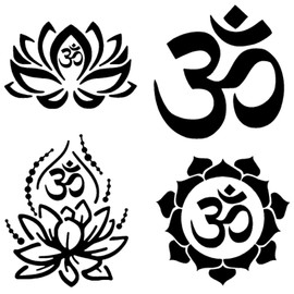 Om (Aum) Lotus Decal 4 Pack: Lotus Om, Om Symbol, OM Lotus Decals for Car, Tumbler, Laptop (Black, Large ~5")