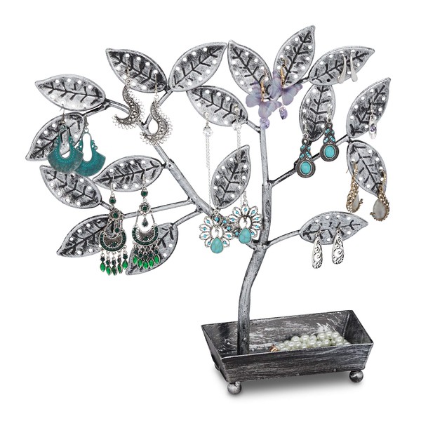 Relaxdays Jewellery Tree, with Tray, Earring Holder for 68 Pairs, H x W x D 31 x 31 x 8.5 cm, Iron, Black/Silver