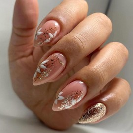 Almond Press on Nails Short Fake Nails Gold Glitter Glue on Nails Full Cover Nails Press ons Fall Acrylic Nails White Flowers Stick on Nails for Women 24 Pcs
