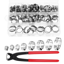 150Pcs 304 Stainless Steel Single Ear Hose Clamp with Ear Clamp Pincer, 6-23.5mm Crimp Hose Clamp Assortment Kit Cinch Rings Crimp Pinch Tools Perfect for Automotive, Home Appliance Line and Plumbing