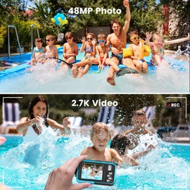 SenDeluz Underwater Camera, Digital Camera HD 2.7K 48MP 10FT Camera Waterproof Dual Screen Waterproof Camera Anti Shake 16X Digital Zoom Snorkelling Digital Camera for Snorkelling Swimming Holiday