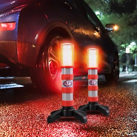 STP Emergency LED Road Flares, 3 Separate Lighting Modes: Flashing Red, Solid Red and White Flashlight, Visible From Up To A Mile, Foldable Stands/Built-In Magnet Sticks To Car