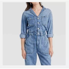 Universal Thread  Women's Long Sleeve Utility Baggy Denim Jumpsuit - Blue, Regular, 2