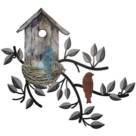 Peryiter Birds Wall Metal Decor for Outdoor Art Hanging Metal Tree with Birdhouse for Living Room Tree Leaf Wall Decor for Indoor Outdoor Garden(Brown)